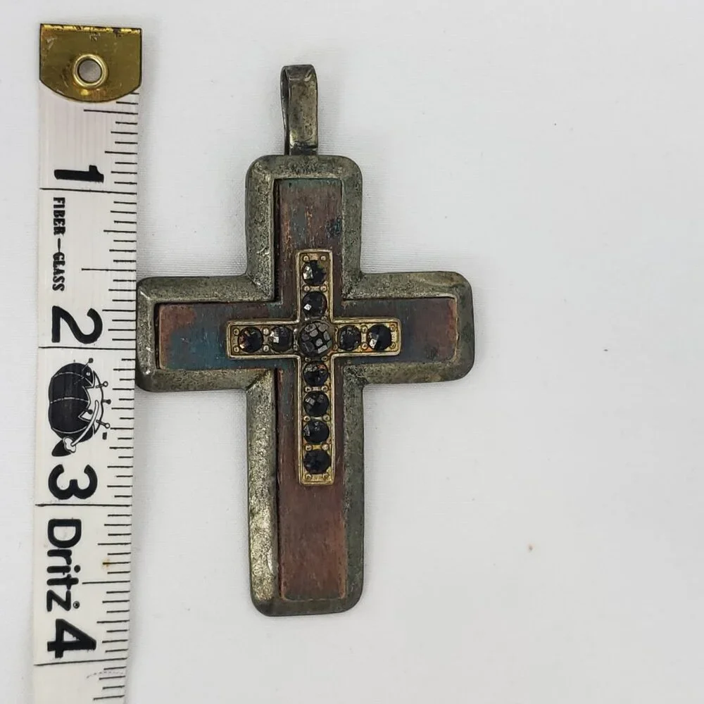 Metal & Wooden Rhinestone Large Cross Pendant - Picture 2 of 8